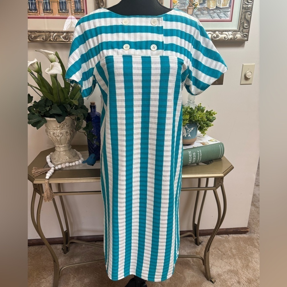 HALSTON 111 VINTAGE KNIT BLUE & WHITE STRIPED MIDI SHIFT DRESS SZ Medium